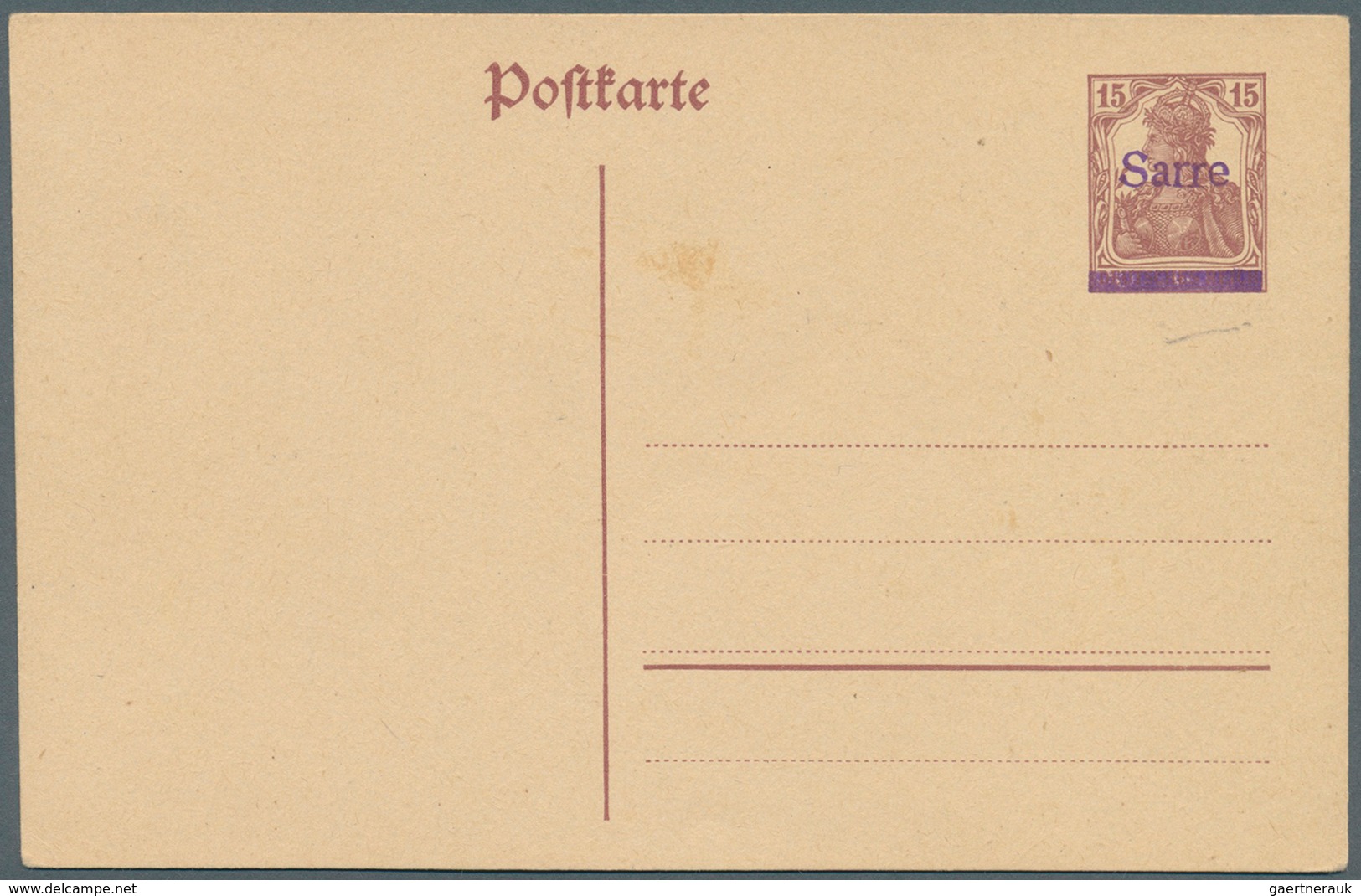 Deutsche Abstimmungsgebiete: Saargebiet - Ganzsachen: 1920, Probedruck: Postkarte 15 Pf Braunlila Ge - Entiers Postaux