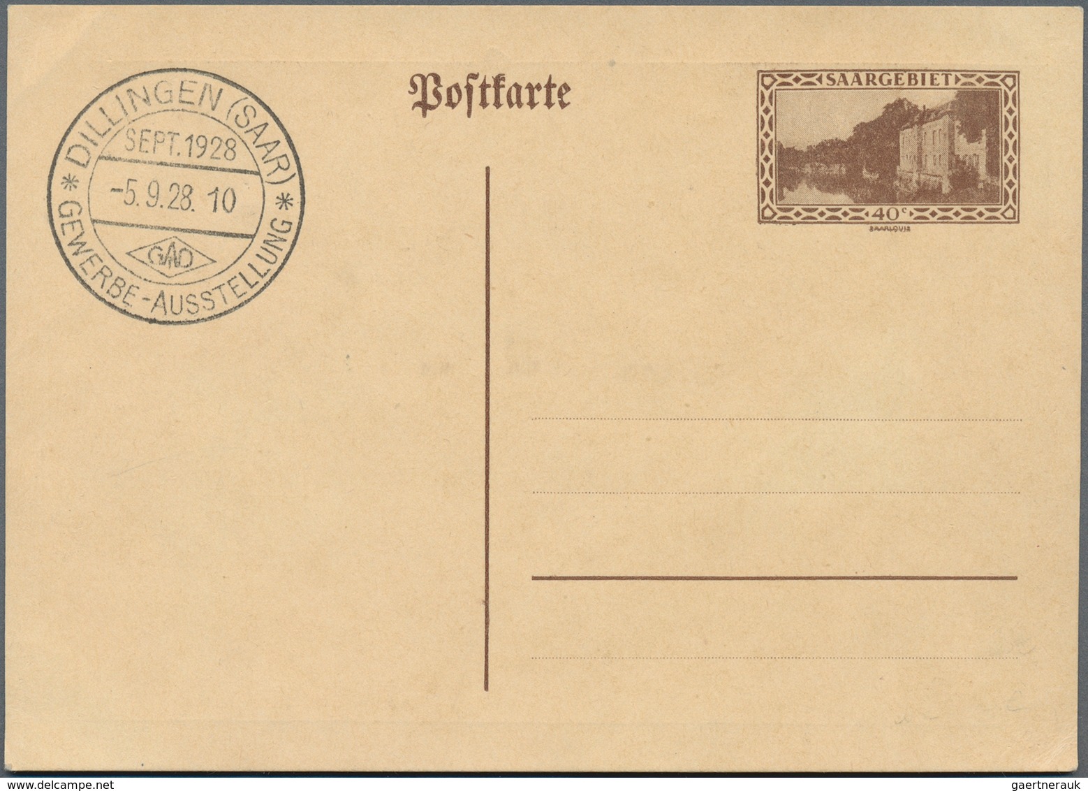 Deutsche Abstimmungsgebiete: Saargebiet - Ganzsachen: 1928. Postkarte 40c Saarlouis Mit Rs. Abb. "GA - Postal Stationery