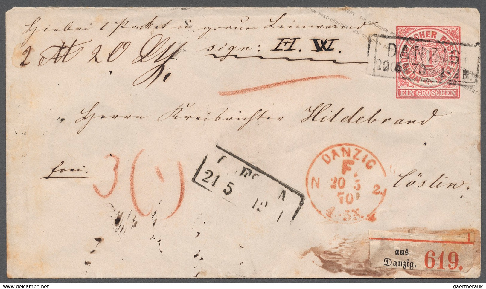 Danzig: 1870, Norddeutscher Postbezirk 1 Gr. GA-Umschlag Als Paketbegleitbrief Mit Ra2 „DANZIG 20 5 - Autres & Non Classés