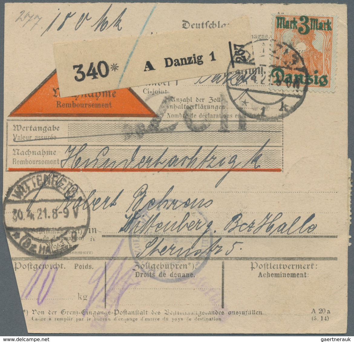 Danzig: 1921. 27.4., NN-Paketkarte V. Danzig 1 M. 3 Mk. Aufdr.-Mke. Und 3x 2 Mk. Kogge N. Wittenberg - Autres & Non Classés
