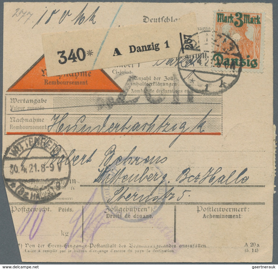 Danzig: 1921. 27.4., NN-Paketkarte V. Danzig 1 M. 3 Mk. Aufdr.-Mke. Und 3x 2 Mk. Kogge N. Wittenberg - Sonstige & Ohne Zuordnung