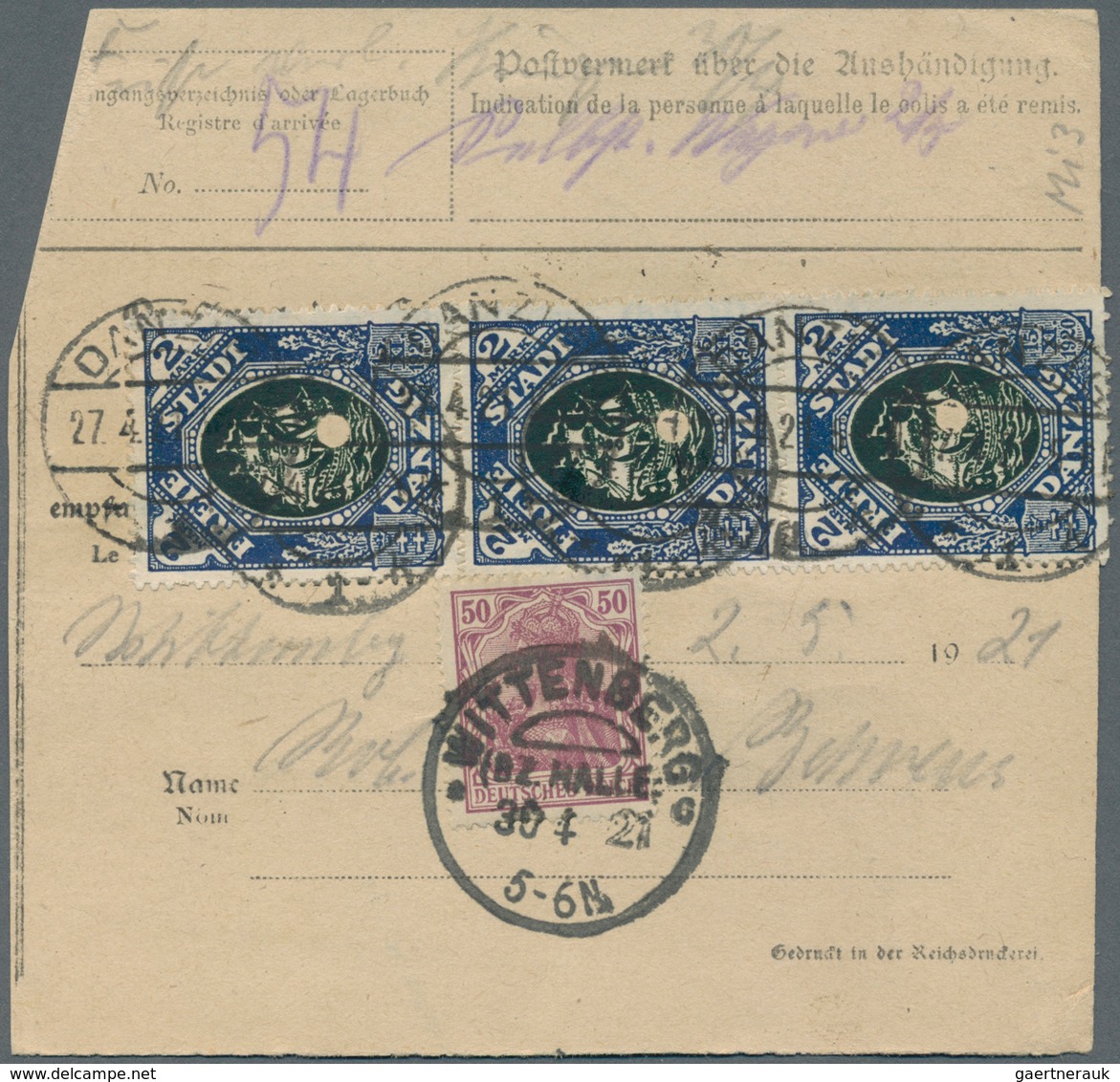 Danzig: 1921. 27.4., NN-Paketkarte V. Danzig 1 M. 3 Mk. Aufdr.-Mke. Und 3x 2 Mk. Kogge N. Wittenberg - Autres & Non Classés