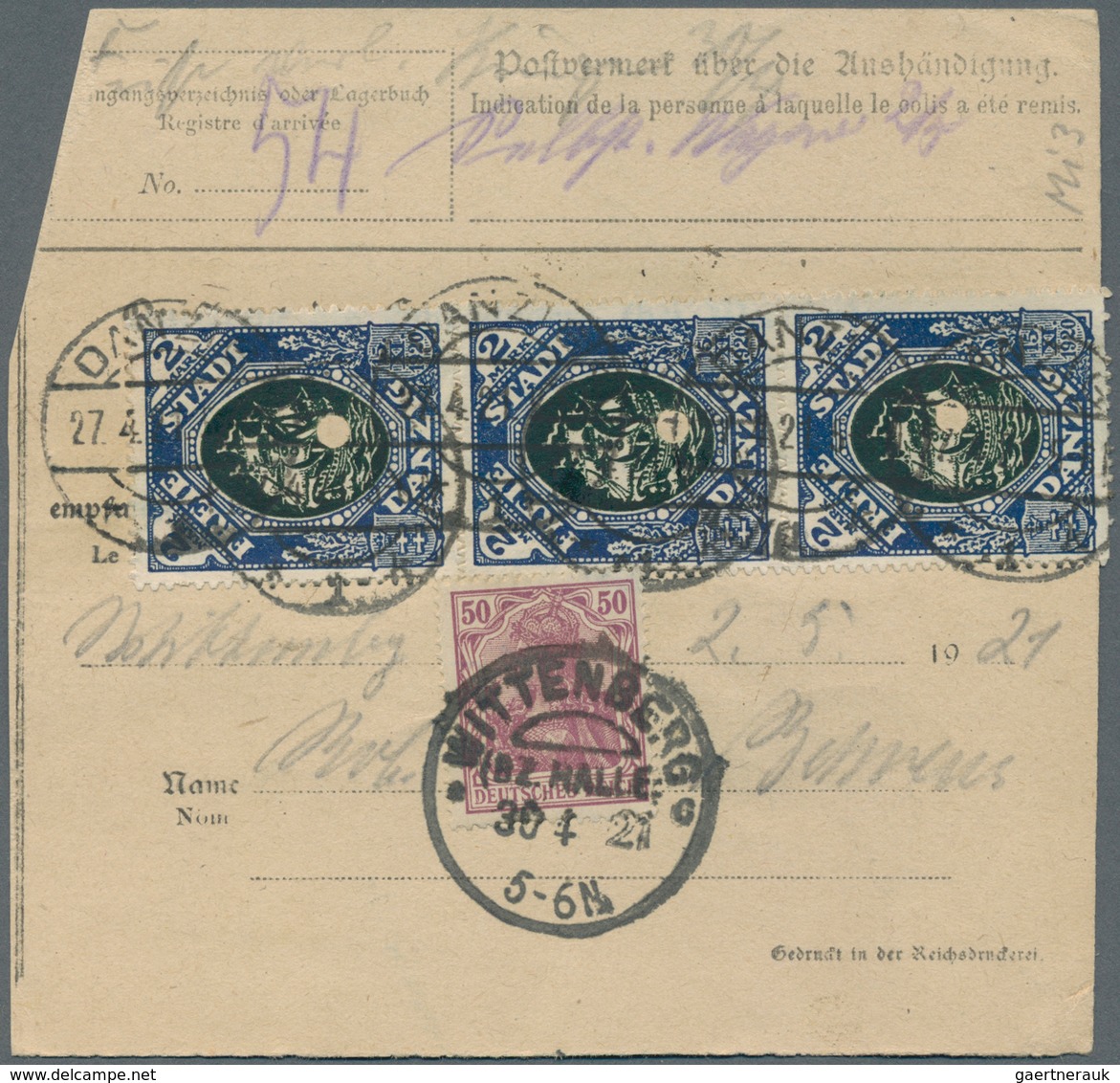 Danzig: 1921. 27.4., NN-Paketkarte V. Danzig 1 M. 3 Mk. Aufdr.-Mke. Und 3x 2 Mk. Kogge N. Wittenberg - Sonstige & Ohne Zuordnung