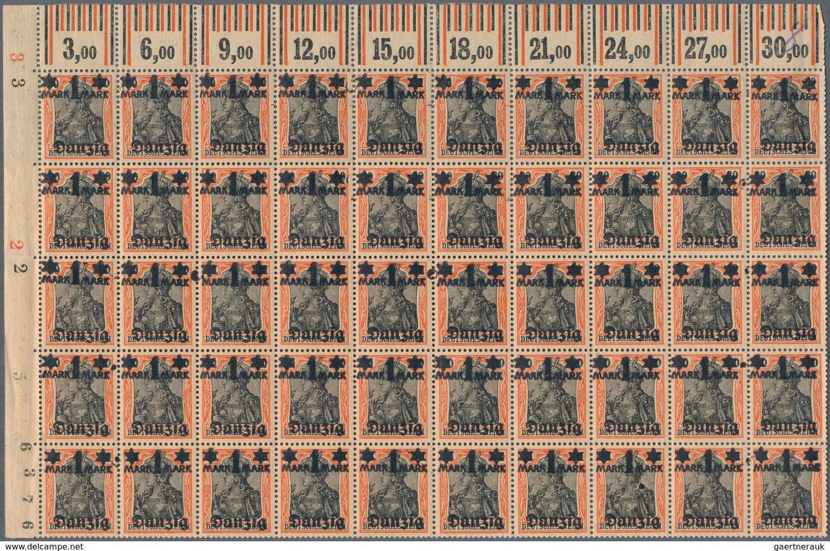Danzig: 1920, 1 M. Auf 30 Pfg. Germania Ohne Netzunterdruck Im 90er-Bogenteil Mit Oberrand, Postfris - Autres & Non Classés