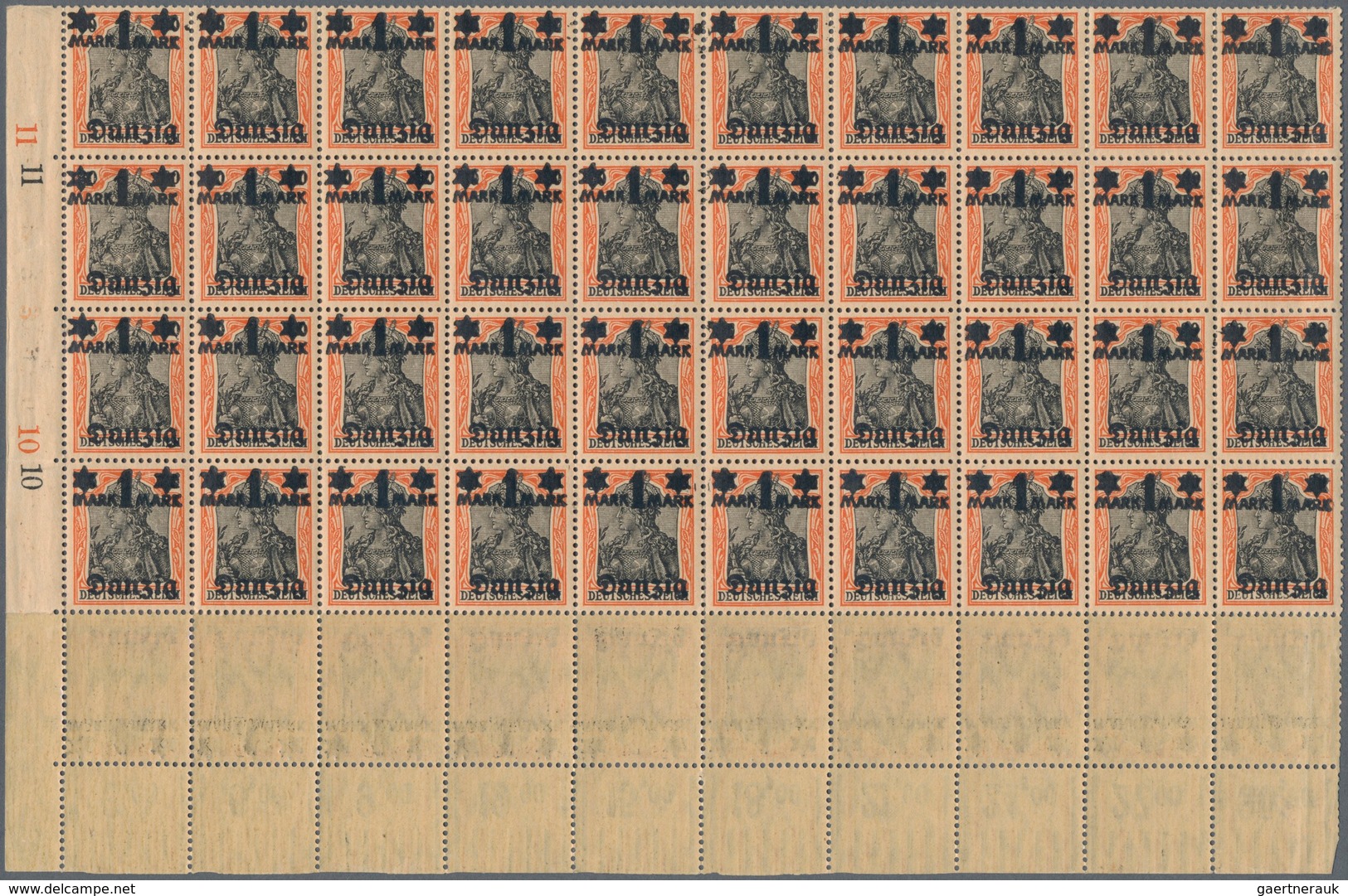 Danzig: 1920, 1 M. Auf 30 Pfg. Germania Ohne Netzunterdruck Im 90er-Bogenteil Mit Oberrand, Postfris - Other & Unclassified