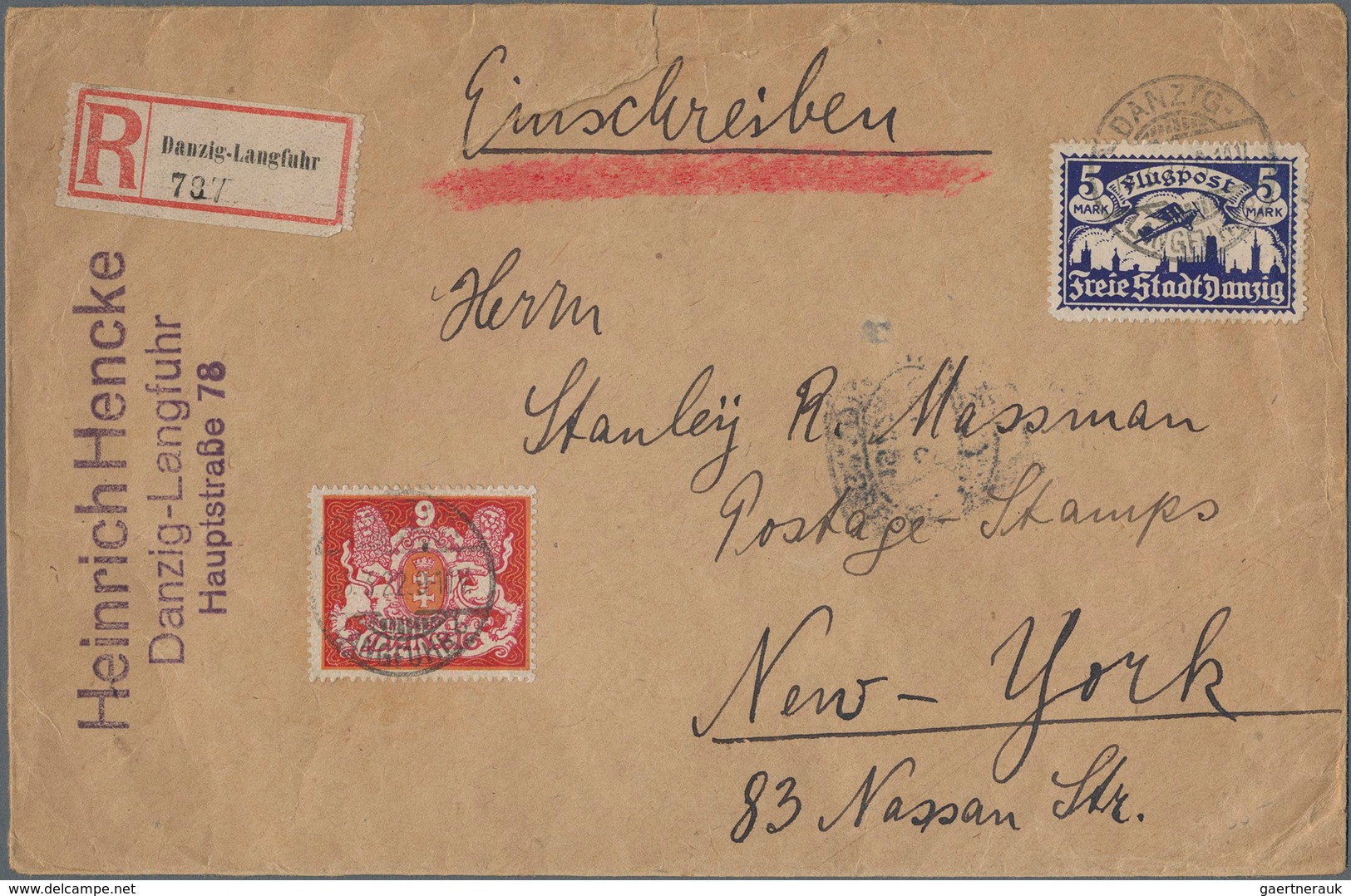 Danzig: 1922, Größerformatiger Umschlag Mit 9 M. Wappen Und 5M. Luftpost Auf Einschreiben Ab "DANZIG - Autres & Non Classés