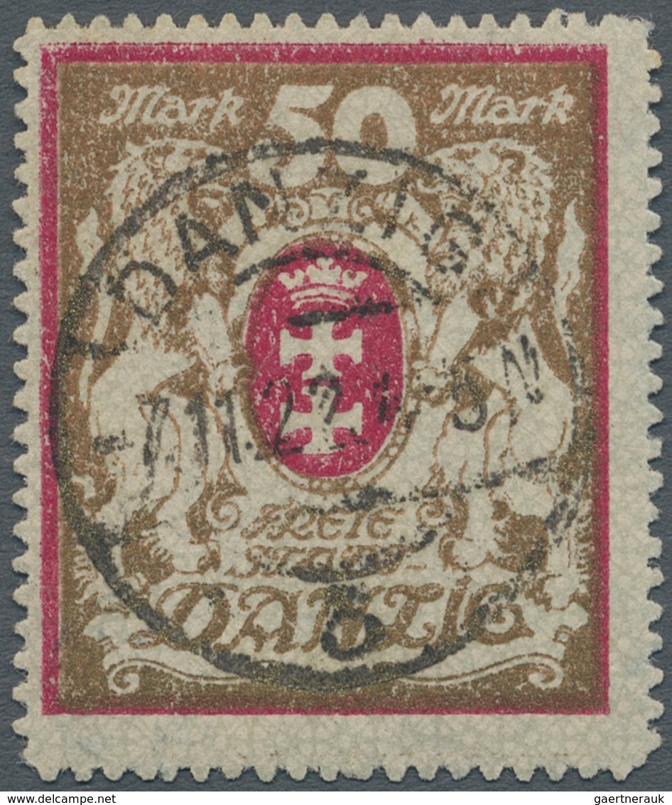 Danzig: 1922, 50 Mark Lilarot/gold Mit Zentrischem Stempel, Gepr. Infla. Mi. 300,- €. - Autres & Non Classés