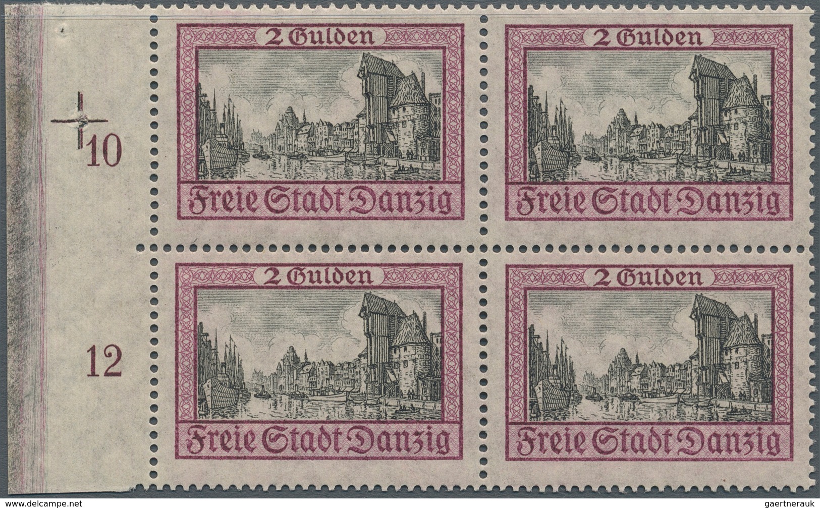 Danzig: 1924, Ansichten (I) 2 G Kran U. Lange Brücke, Viererblock Vom Linken Rand Mit Passerkreuz, 1 - Autres & Non Classés