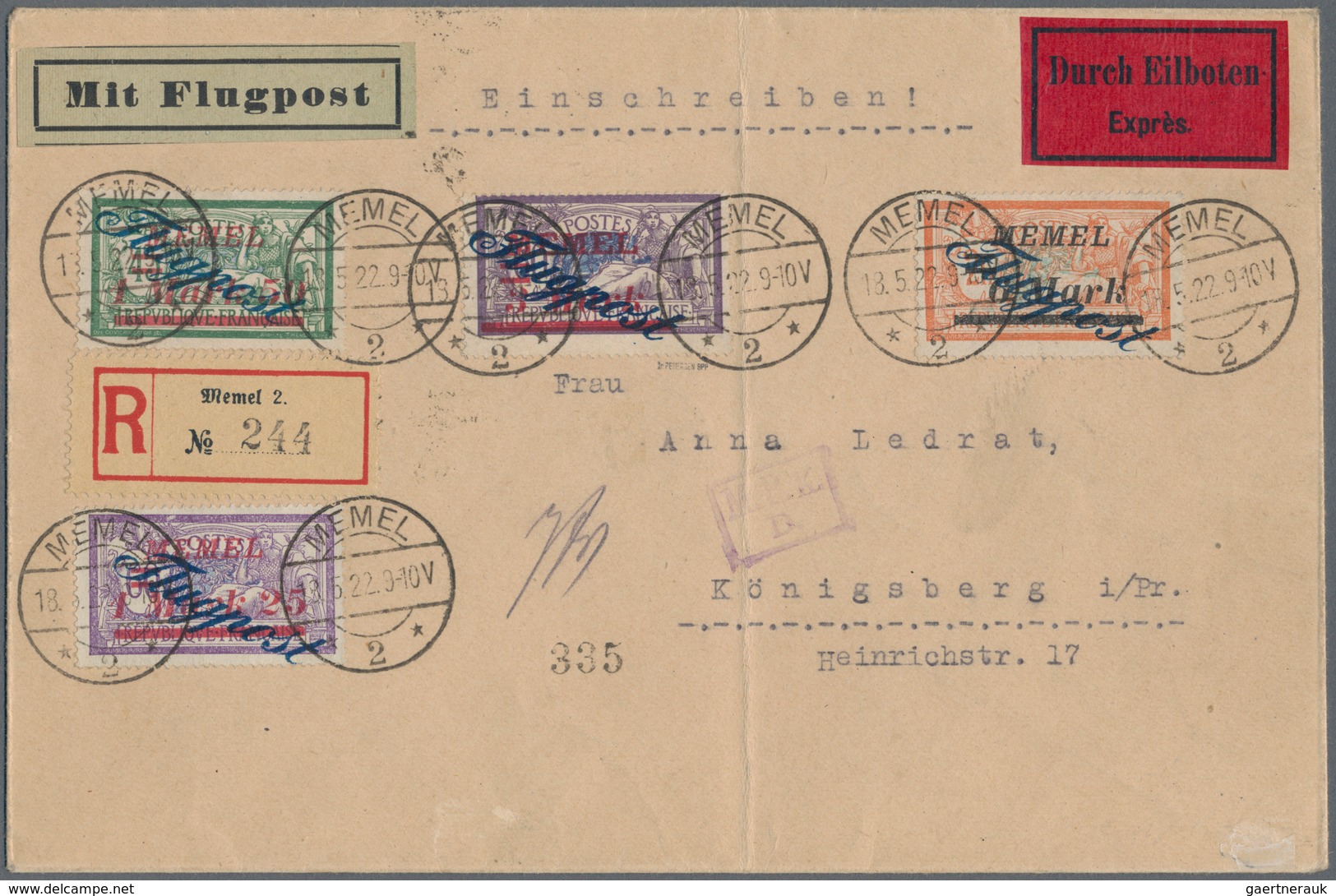 Memel: 1922, 3 M. Auf 60 C. Flugpost Mit Angegebener Zufrankatur Auf R-Eilboten-Flugpostbrief Aus "M - Klaipeda 1923