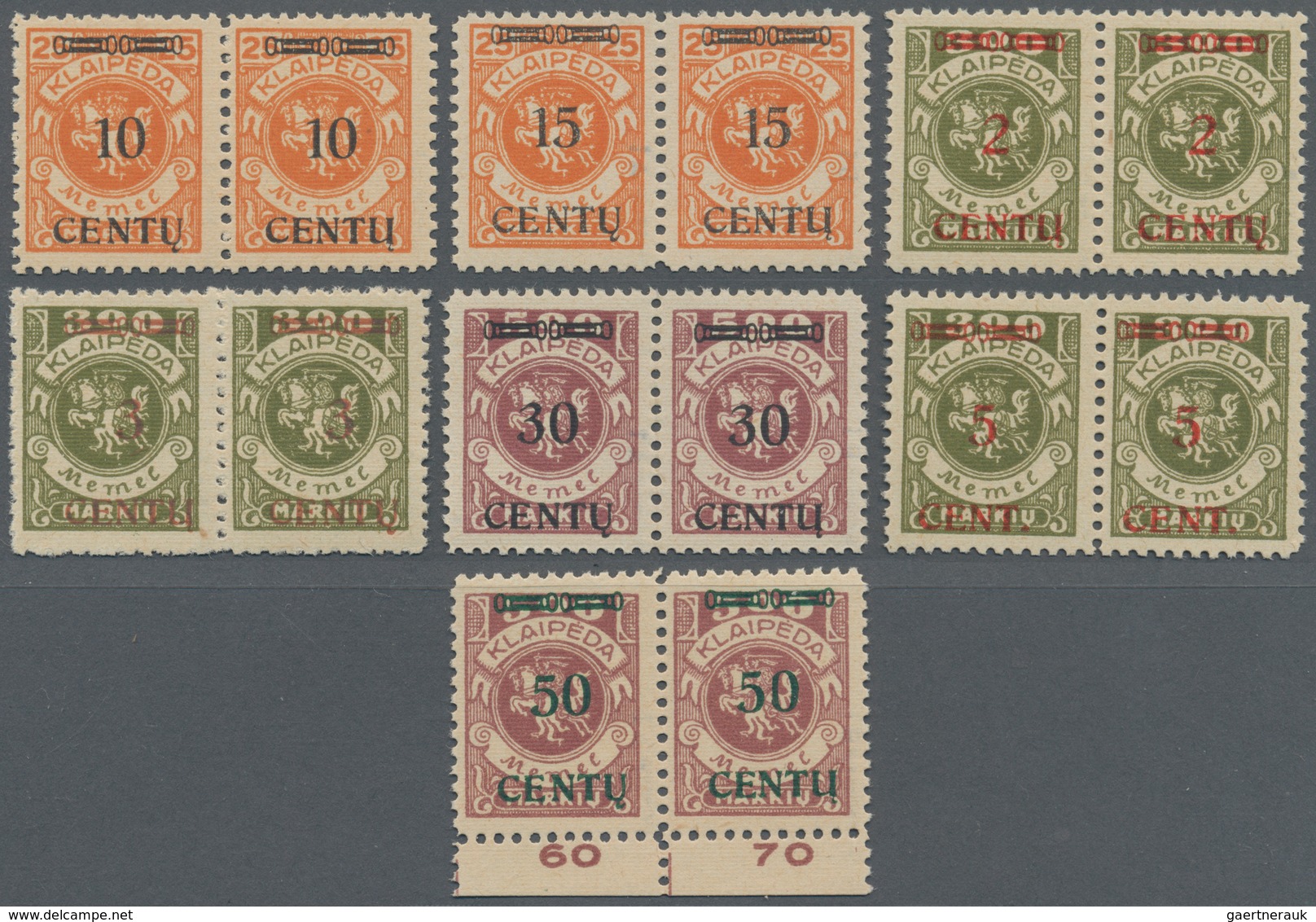 Memel: 1923, Lot Von 7 Verschiedenen Waagerechten Typenpaaren In Postfrischer Qualität, Dabei 167W4, - Memel (Klaïpeda) 1923