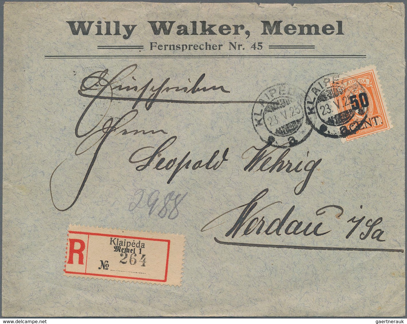 Memel: 1925, 50 Cent. Auf 500 Mark Als Einzelfrankatur Auf Einschreiben Ab "KLAIPEDA 23 V 25" Mit Zw - Memel (Klaïpeda) 1923