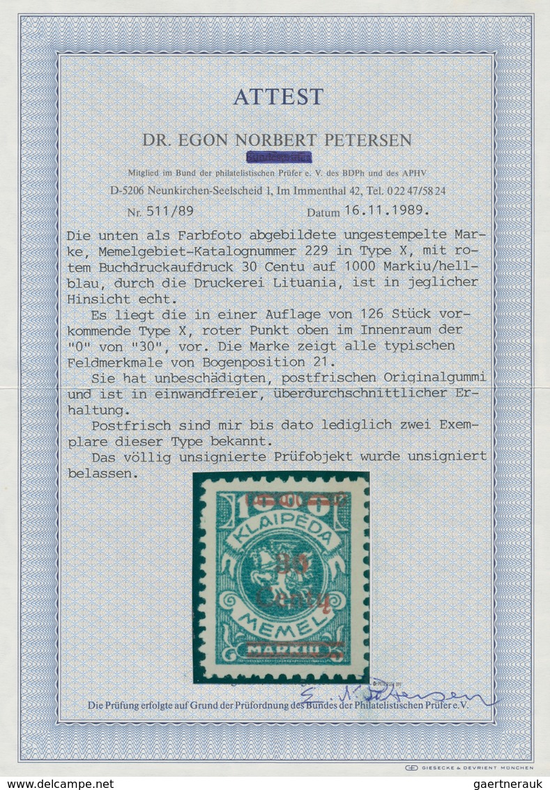 Memel: 1923, 30 C. Auf 1000 M. Grünlichblau, Mit Aufdruckfehler "0 Von 30 Innen Oben Mit Punkt", Ein - Klaipeda 1923