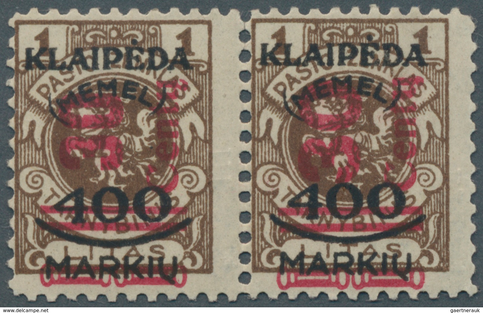 Memel: 1923, 30 C. Auf 400 M. Auf 1 L. Braun Im Waagerechten Paar Mit Aufdruck In Type II Und III, U - Memel (Klaïpeda) 1923