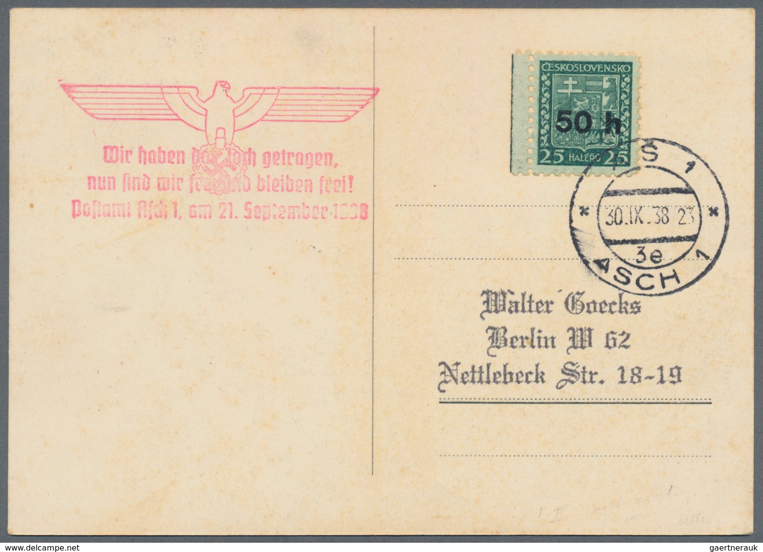 Sudetenland - Asch: 1938. The Narrow Printing Variety With Green Paper, Used On Asch Liberation Prop - Région Des Sudètes