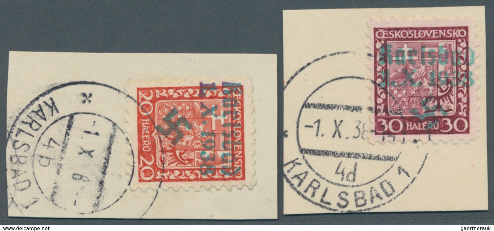 Sudetenland - Karlsbad: 1938, 1938, 20 H. Und 30 H. Staatswappen Auf Zwei Briefstück Je Mit Ersttags - Sudetenland