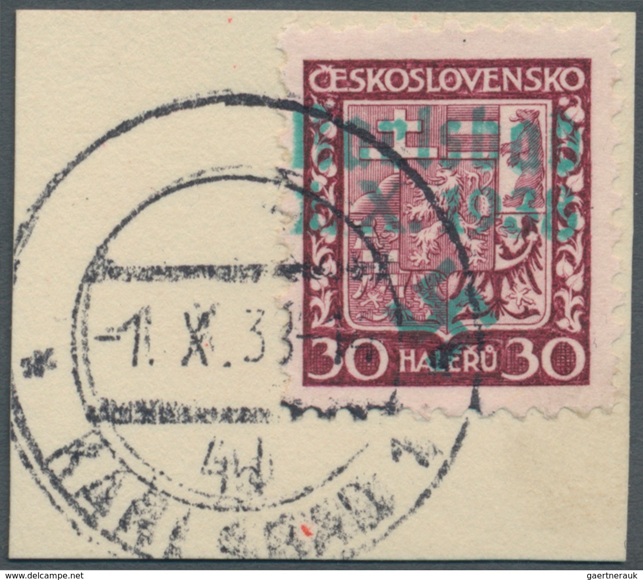 Sudetenland - Karlsbad: 1938, 30 H. Staatswappen Auf Briefstück Mit Ersttagsstempel "KARLSBAD 4d 1.X - Région Des Sudètes