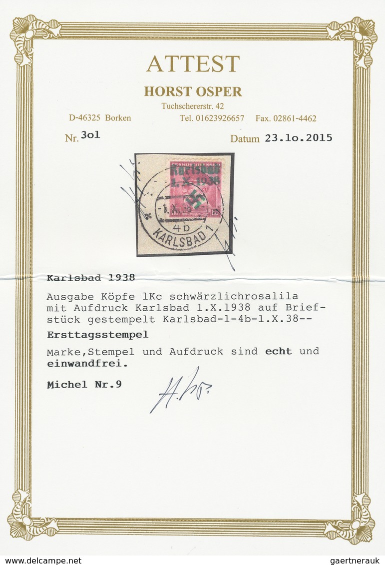Sudetenland - Karlsbad: 1938, 40 H. Komensky Und 1 Kc. Masaryk Auf Briefstück Mit Ersttagsstempel "K - Sudetenland