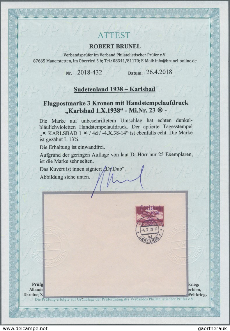 Sudetenland - Karlsbad: Flugpostmarke 3 Kč Bräunlichlila, Zähnung L 13¾, Mit Dunkelbläulichviolettem - Sudetenland
