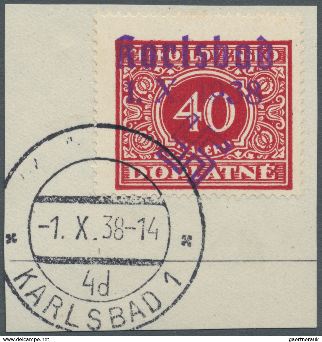 Sudetenland - Karlsbad: 1938, 40 H. Portomarke Mit Ersttagsstempel "KARLSBAD 4d 1.X.38" Auf Briefstü - Sudetenland