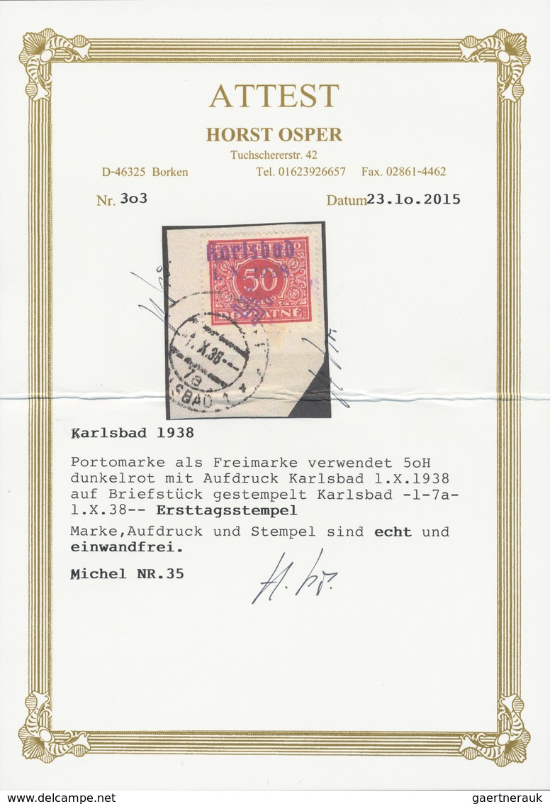 Sudetenland - Karlsbad: 1938, 40 H. Portomarke Mit Ersttagsstempel "KARLSBAD 4d 1.X.38" Auf Briefstü - Sudetenland