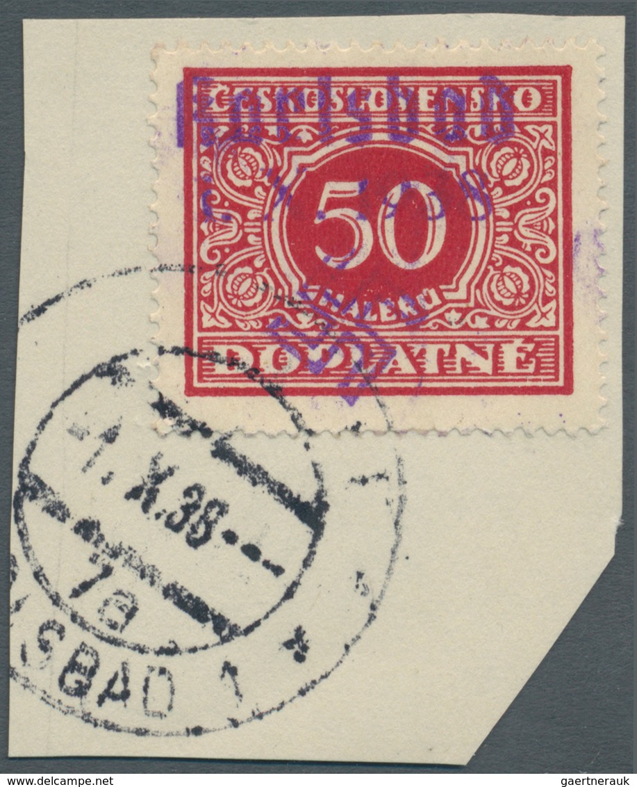 Sudetenland - Karlsbad: 1938, 50 H. Portomarke Mit Ersttagsstempel "KARLSBAD 4d 1.X.38" Auf Briefstü - Sudetenland