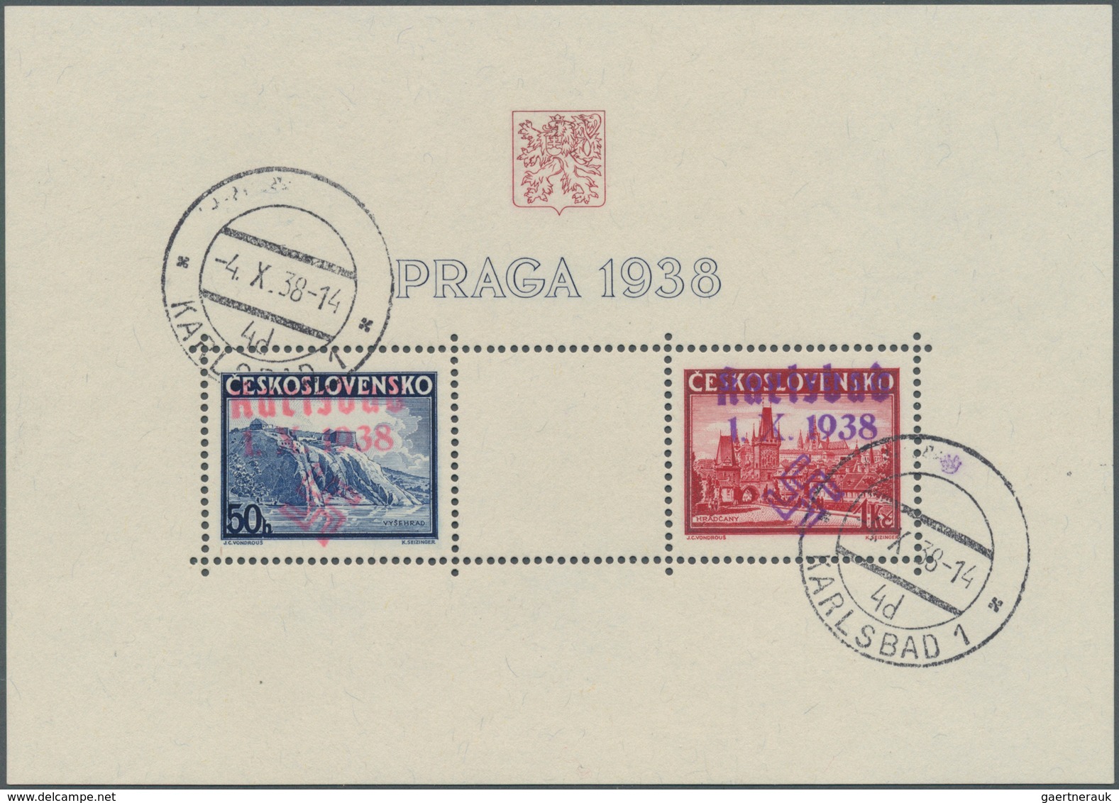 Sudetenland - Karlsbad: Blockausgabe "Briefmarkenausstellung PRAGA 1938", Mit Handstempelaufdruck "K - Région Des Sudètes