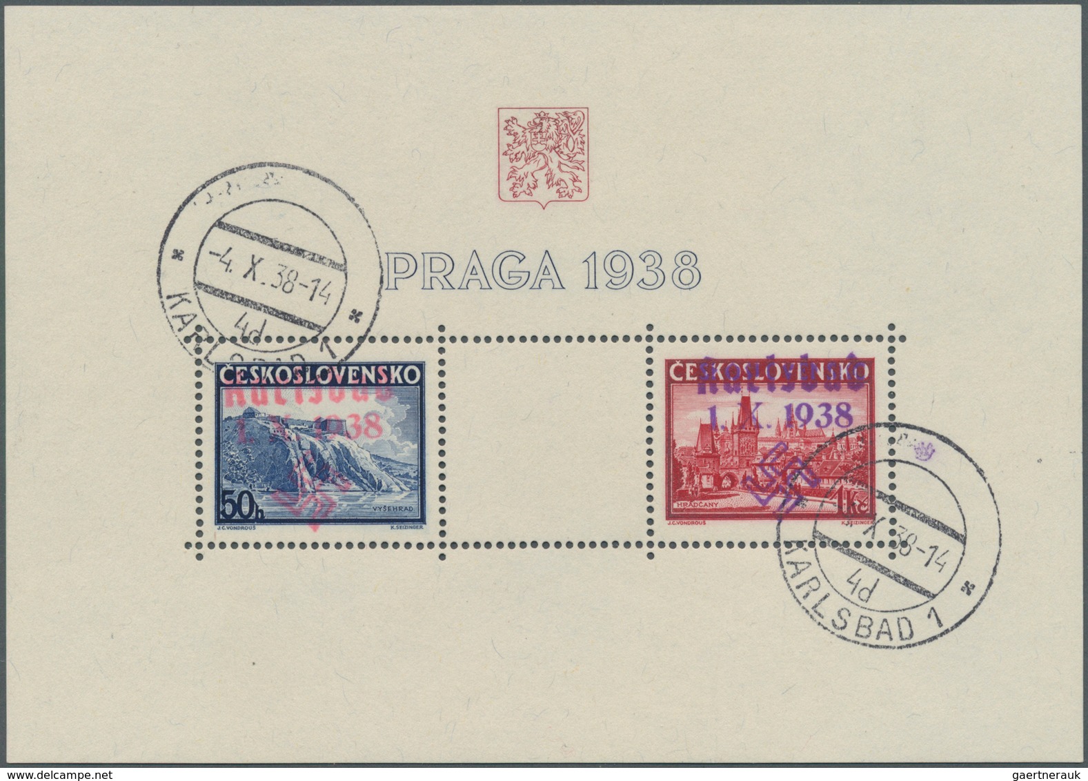 Sudetenland - Karlsbad: Blockausgabe "Briefmarkenausstellung PRAGA 1938", Mit Handstempelaufdruck "K - Sudetenland