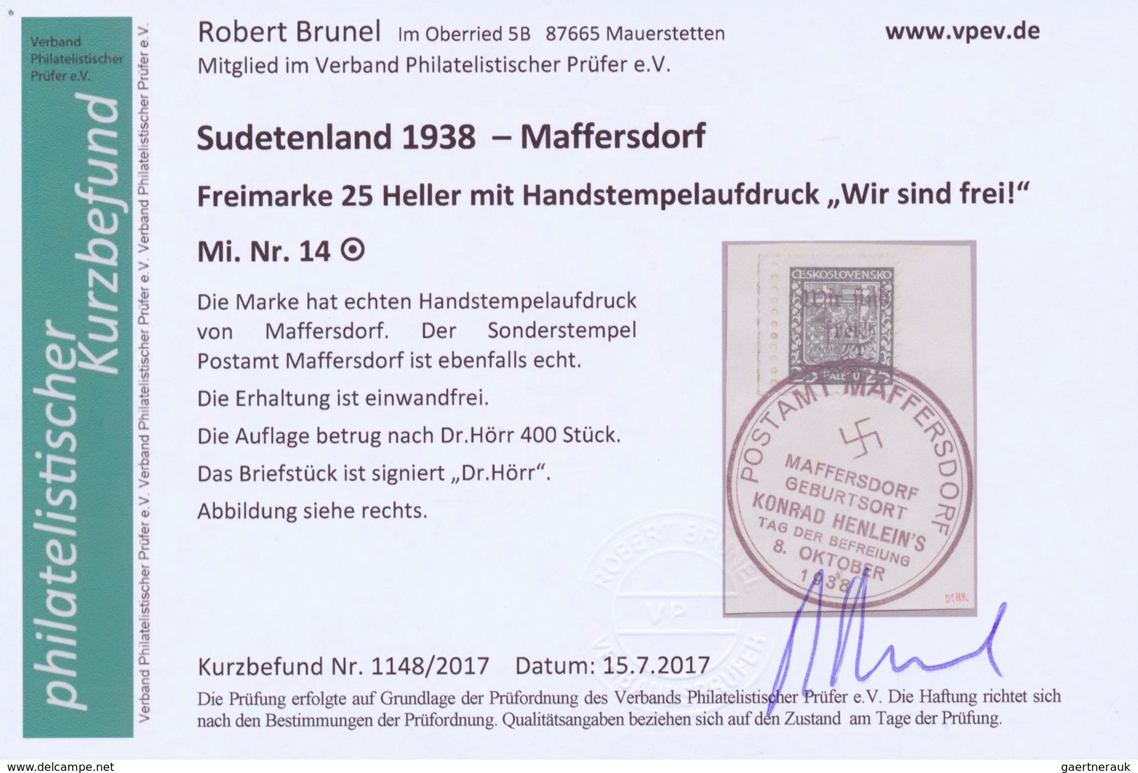 Sudetenland - Maffersdorf: 1938, Mi.Nr. 14, 29, 31-34, 6 Werte auf Briefstück sowie Nr. 23 auf AK (G