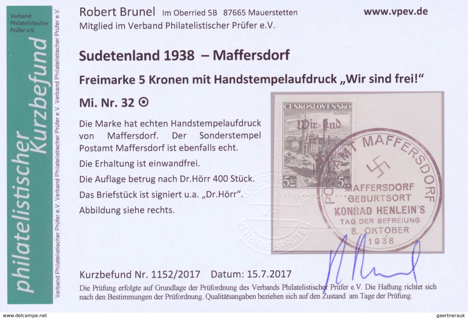 Sudetenland - Maffersdorf: 1938, Mi.Nr. 14, 29, 31-34, 6 Werte auf Briefstück sowie Nr. 23 auf AK (G