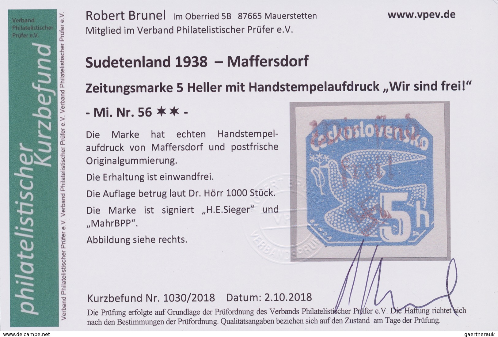 Sudetenland - Maffersdorf: 1938, 5 H. Zeitungsmarke Kobalt Im Viererblock Und Einzelwert, Postfrisch - Sudetenland