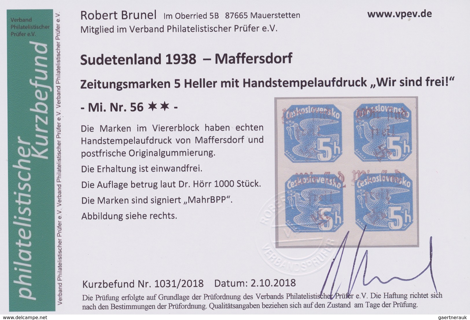 Sudetenland - Maffersdorf: 1938, 5 H. Zeitungsmarke Kobalt Im Viererblock Und Einzelwert, Postfrisch - Région Des Sudètes