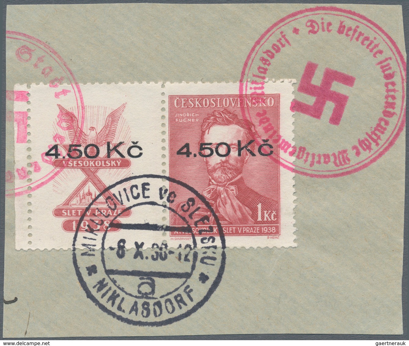 Sudetenland - Niklasdorf: 1938, 4,50 Kc. Auf 1 Kc. Fügner Mit überdrucktem Leerfeld Links Auf Kabine - Région Des Sudètes