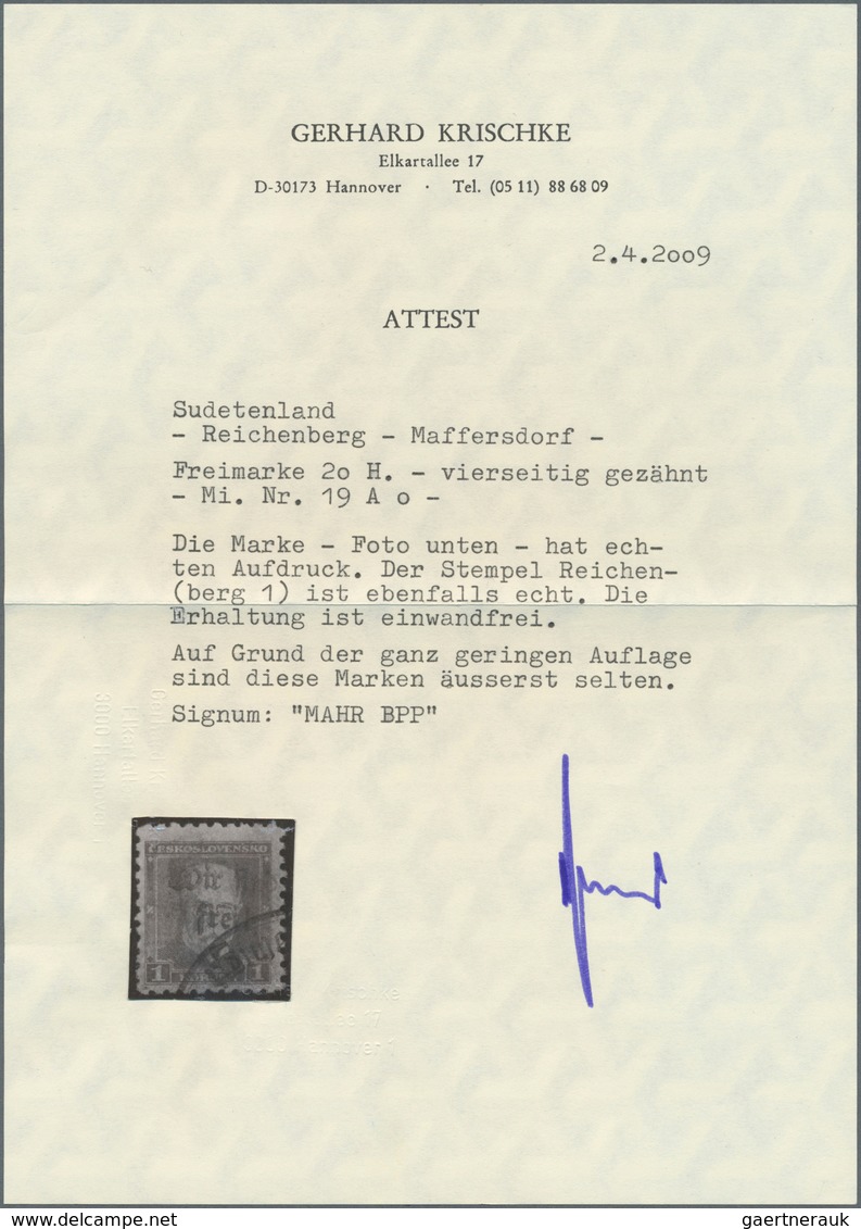 Sudetenland - Reichenberg: Freimarke "Präsident Thomáš Garrigue Masaryk", 1 Kč Karminrot Mit Handste - Sudetenland