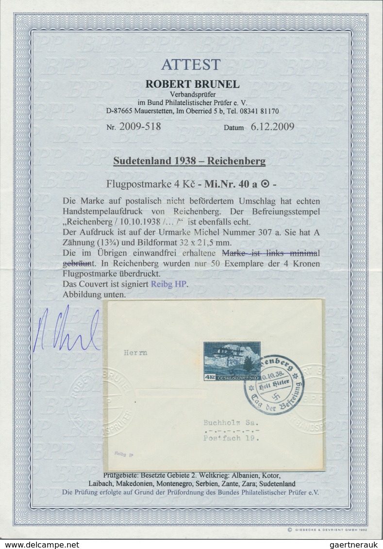 Sudetenland - Reichenberg: 1938, 4 Kc. Flugpostmarke Im Format 32 X 21,5 Mm Mit Stempel "Reichenberg - Sudetenland