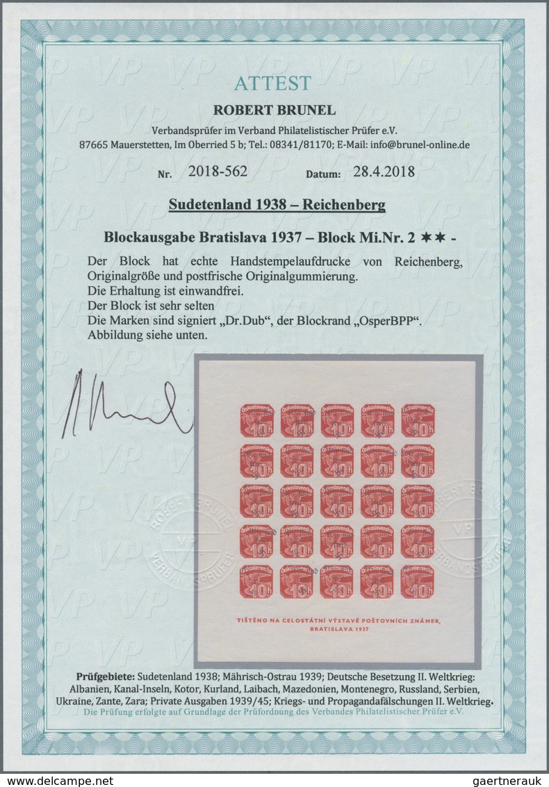 Sudetenland - Reichenberg: Blockausgabe "Briefmarkenausstellung Preßburg (Bratislava) 1937", POSTFRI - Sudetenland