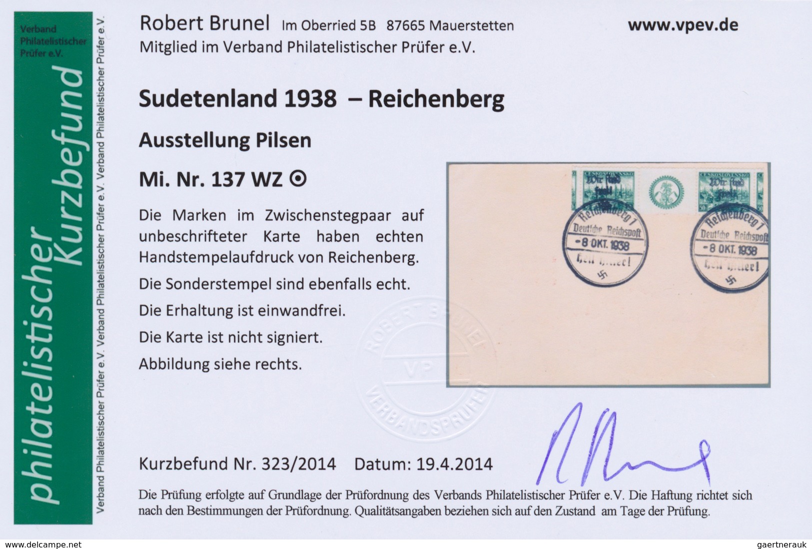 Sudetenland - Reichenberg: 1938, 50 H. Pilsen Im Waagerechten Zwischenstegpaar Mit übergehendem Stem - Région Des Sudètes