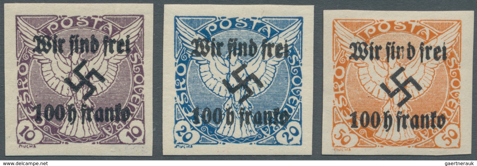 Sudetenland - Rumburg: 1938, 100 H. Auf 50 H. Orange, 100 H. Auf 20 H. Dunkelkobolt Und 100 H. Auf 1 - Région Des Sudètes