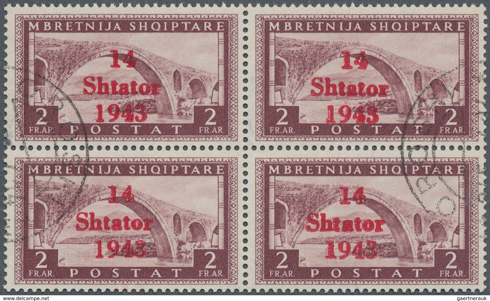 Dt. Besetzung II WK - Albanien: 1943, 2 Fr. Braunkarmin Mit Aufdruck Im Gestempelten Viererblock, Si - Occupation 1938-45
