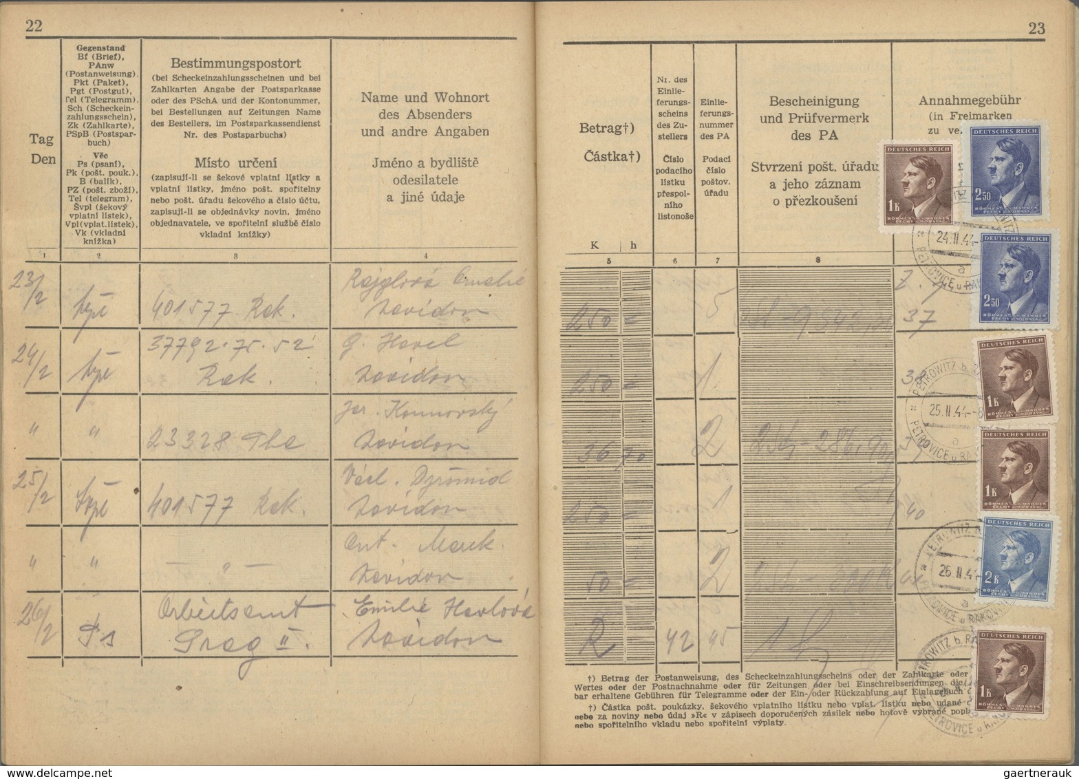 Dt. Besetzung II WK - Böhmen Und Mähren: 1944, Posteinlieferungsbuch Mit 27 Frankierten Seiten, Dabe - Besetzungen 1938-45