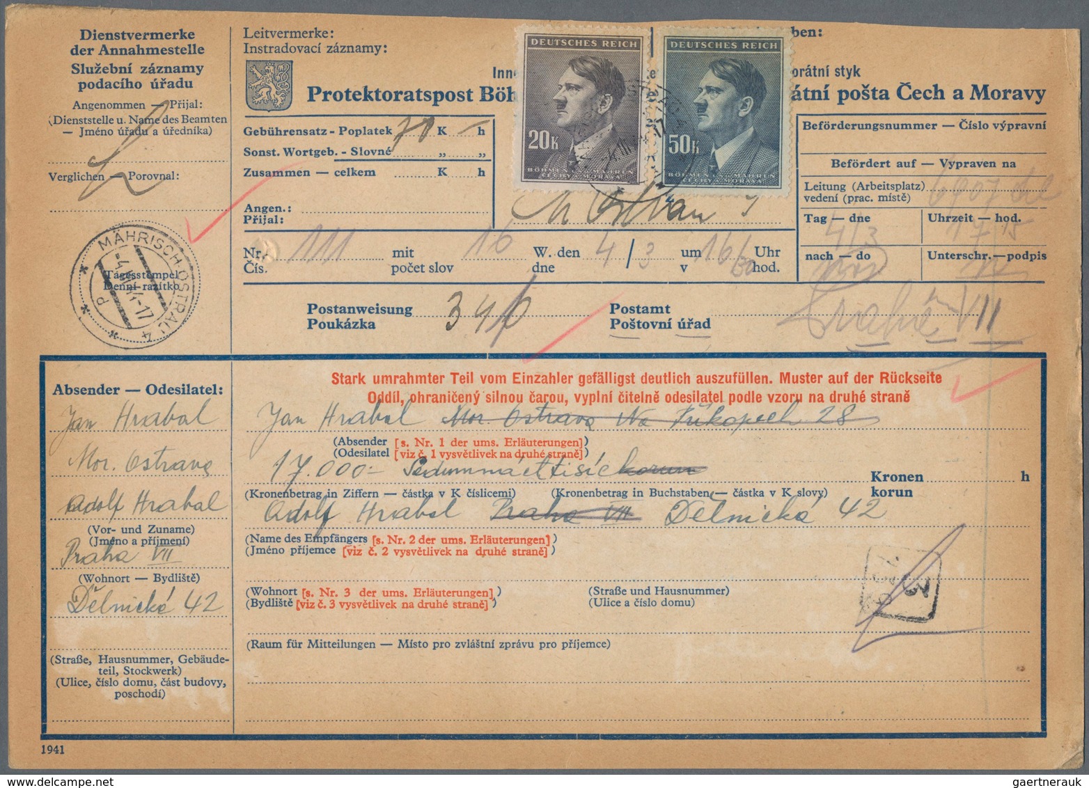 Dt. Besetzung II WK - Böhmen Und Mähren: 1942, 50 K. Und 20 K. Hitler Mit Stempel "MÄHRISCH OSTRAU 4 - Occupation 1938-45