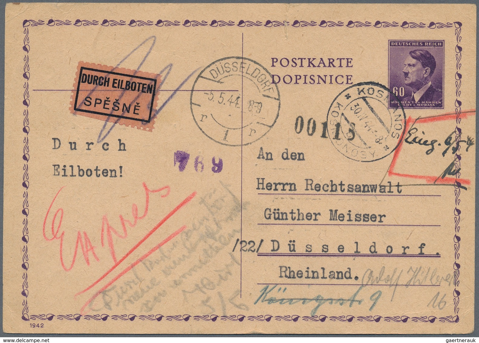 Dt. Besetzung II WK - Böhmen Und Mähren: 1944, "Euthanasieprogramm" - Ganzsachenkarte Von KOSMANOS N - Occupation 1938-45