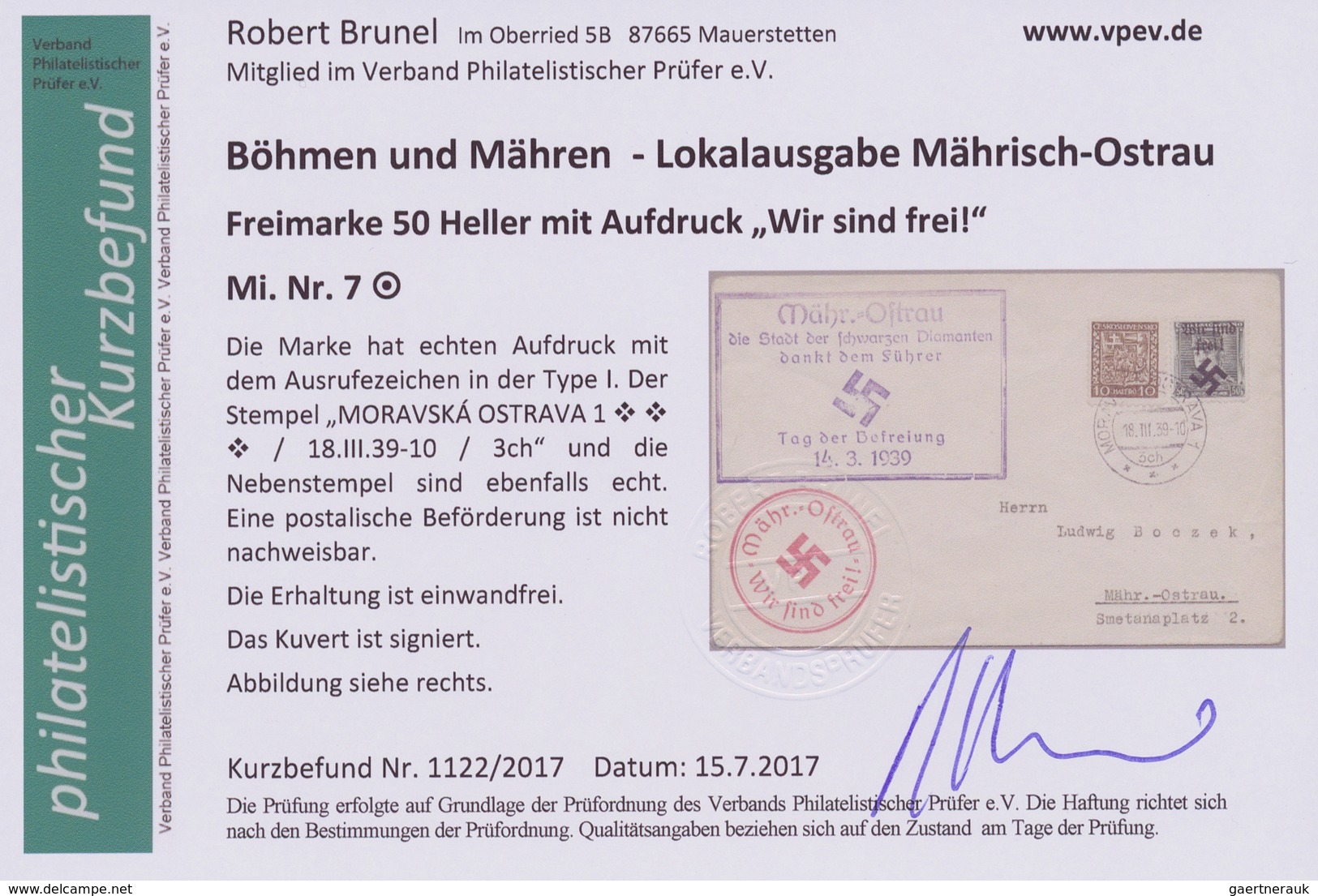 Dt. Besetzung II WK - Böhmen Und Mähren - Mährisch-Ostrau: 1939, Freimarke 50 H. Mit Handstempelaufd - Besetzungen 1938-45