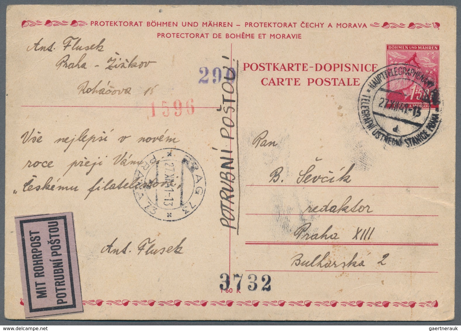 Dt. Besetzung II WK - Böhmen Und Mähren - Ganzsachen: 1939, 1,50 K. Ganzsachenkarte Als Rohrpost-Ort - Besetzungen 1938-45