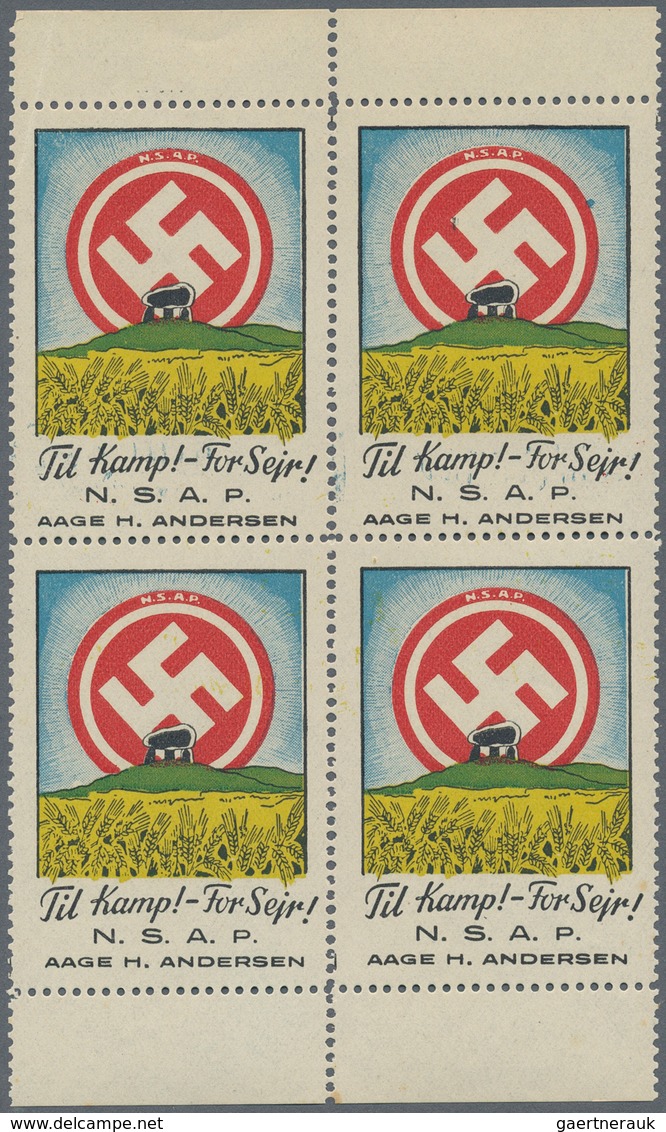 Dt. Besetzung II WK - Dänemark: 1943/1944 (ca.), Hakenkreuz/Hünengrab-Vignette Im 4er-Block Mit Ober - Occupation 1938-45