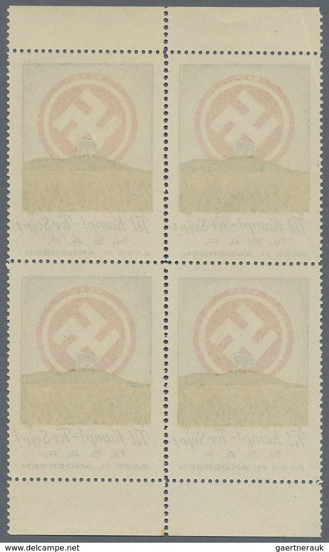 Dt. Besetzung II WK - Dänemark: 1943/1944 (ca.), Hakenkreuz/Hünengrab-Vignette Im 4er-Block Mit Ober - Besetzungen 1938-45