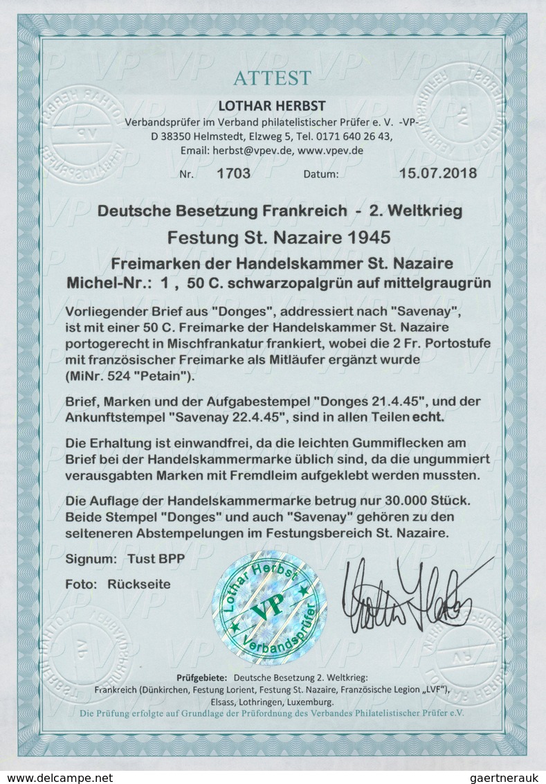 Dt. Besetzung II WK - Frankreich - St. Nazaire: 1945, 50 C. Handelskammer-Freimarke Und Französische - Besetzungen 1938-45