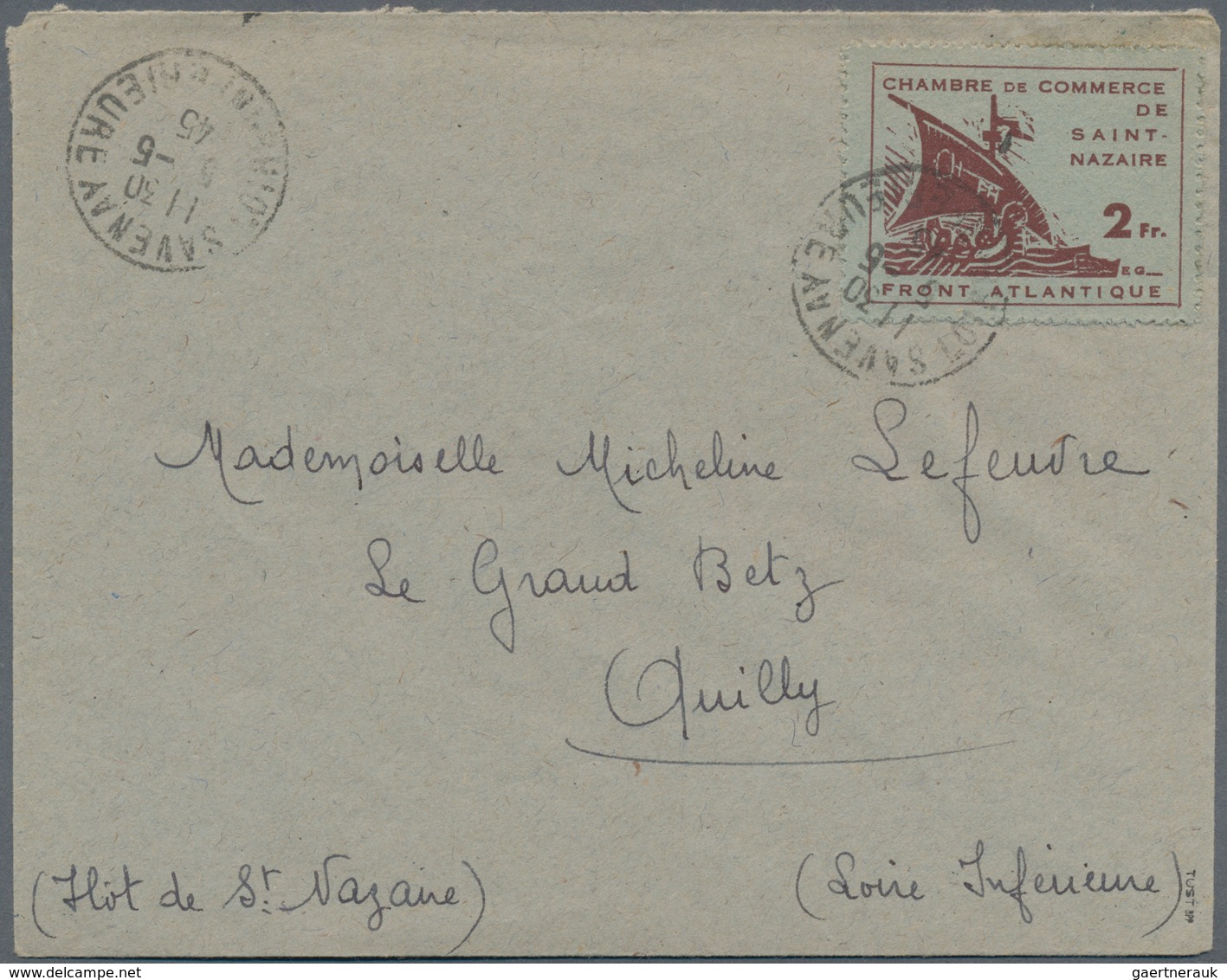 Dt. Besetzung II WK - Frankreich - St. Nazaire: 1945, 2 Franc Freimarke Der Handelskammer Lilabraun - Occupation 1938-45