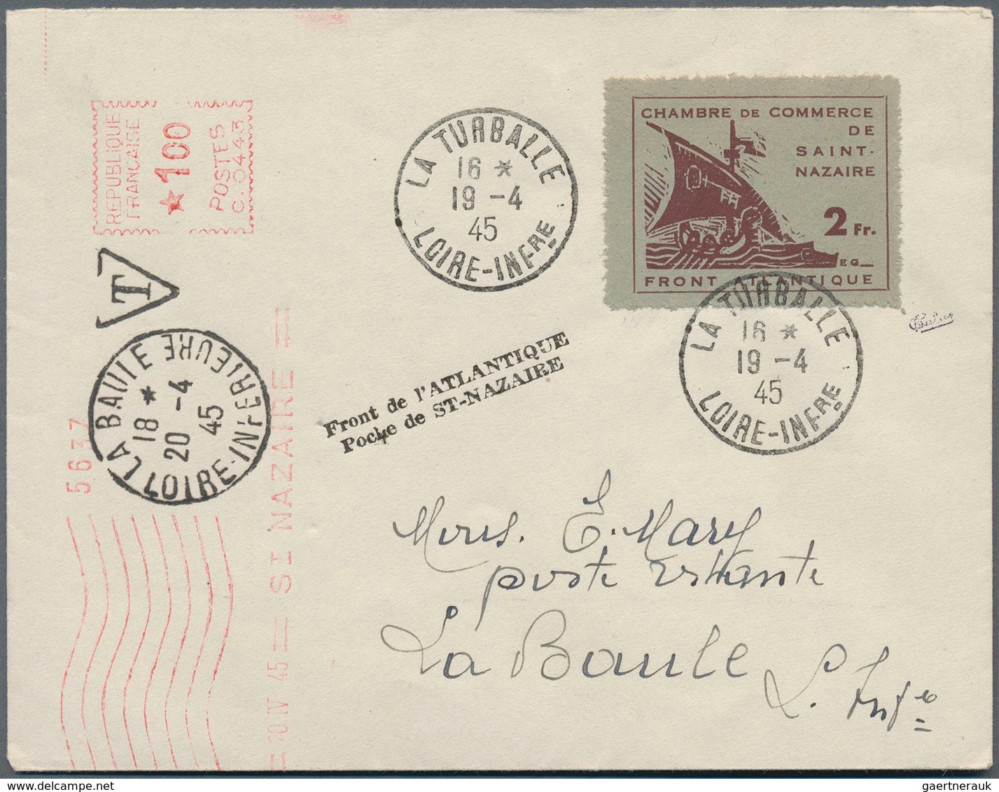 Dt. Besetzung II WK - Frankreich - St. Nazaire: 1945, 2 Fr. Braun Und Absenderfreistempel 1 F Auf Br - Occupation 1938-45