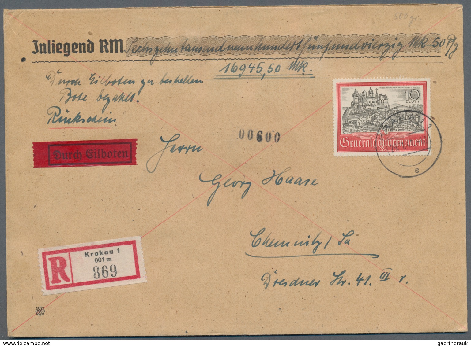 Dt. Besetzung II WK - Generalgouvernement: 1941, 10 Zloty Als Einzelfrankatur Auf Einschreiben Mit R - Occupation 1938-45