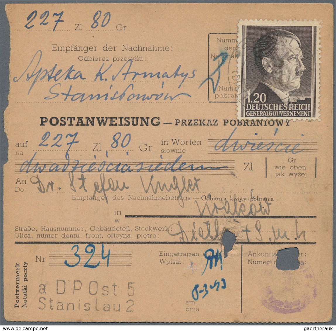 Dt. Besetzung II WK - Generalgouvernement: 1942, 1,20 Zl Schwarzsiena, Einzelfrankatur Auf Postanwei - Occupation 1938-45